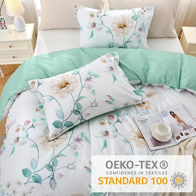 Duvet Cover King Size, Reversible Floral Vintage Duvet Cover Set with Zipper Closure, 3 Pieces Botanical Patterns Soft Microfiber Bedding Set (90"x104", 2 Pillow Cases 20"×36", Colorful Green Branch)