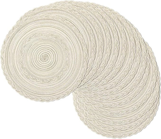 SHACOS 15 inch Round Braided Placemats Set of 12 for Dining Table Woven Boho Place Mats Kitchen Placemat Washable Table Mats, Ivory Bordered