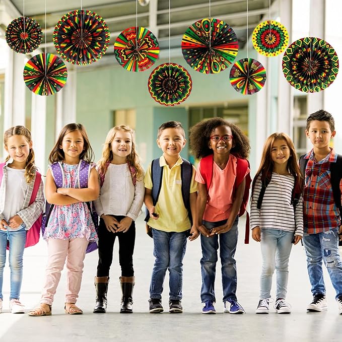 Outus Black History Month Decorations Paper Fans Juneteenth Hanging Paper Fans Kente Ceiling Wall Garland for African American Party Bulletin Board Classroom Decor (18 Pcs,Design)