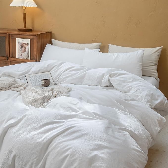 FOSSA Duvet Cover Set 100% Washed Cotton Linen Feel Super Soft Breathable Cozy 3 Pieces Bedding Sets Solid Bright White King