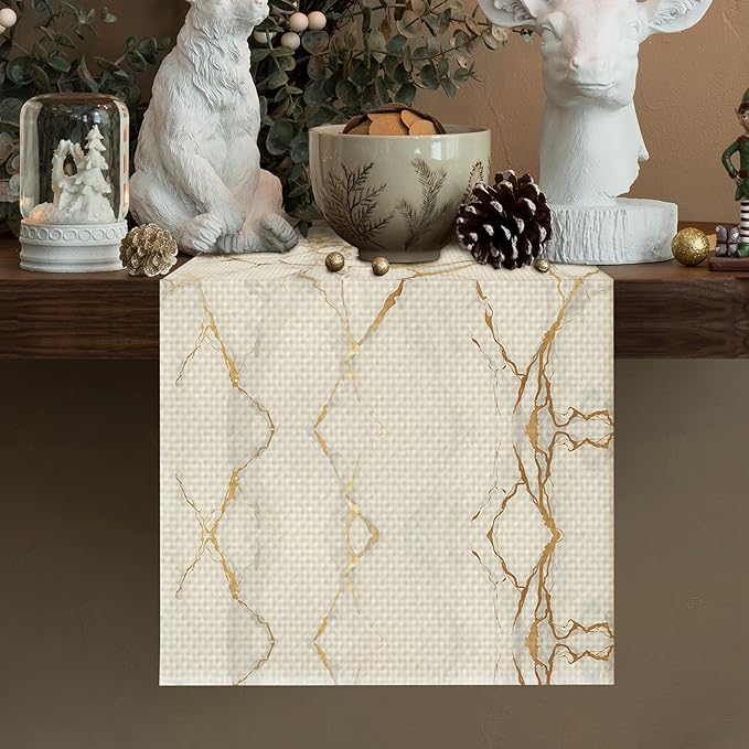 Marble Burlap Table Runner Seasonal Spring Fall Kitchen Dining Linen Table Decoration for Indoor Outdoor Home Party Dinner 13x72 Inch