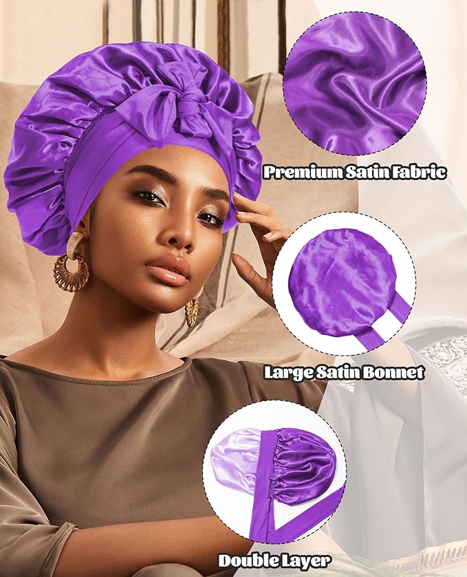 Satin Bonnet Silk Bonnet for Sleeping Silk Sleep Cap Double Layer Hair Bonnet with Elastic Tie Band for Curly Hair Night Cap (Dark Purple+Light Purple)