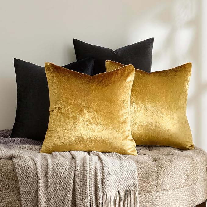 Gold Black Pillow Covers 20x20 Set of 4,Velvet Luxury Couch Throw Pillow Soft Covers Decorative Modern Square Pillows Living Room Vintage Cushion Covers