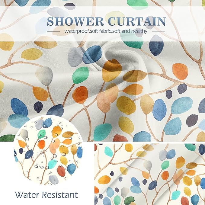 Aimego Colorful Spring Shower Curtain - Watercolor Plant Leaves Floral Summer Nature Botanical Fabric Cloth Bath Shower Curtain Set with 12 Hooks for Bathroom Decor Accessories, 72"x72"
