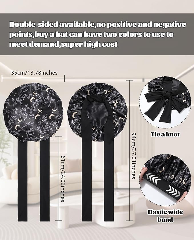 Satin Bonnet Silk Bonnet for Sleeping Silk Sleep Cap Double Layer Hair Bonnet with Elastic Tie Band for Curly Hair Night Cap (Black stars and moon+Black)