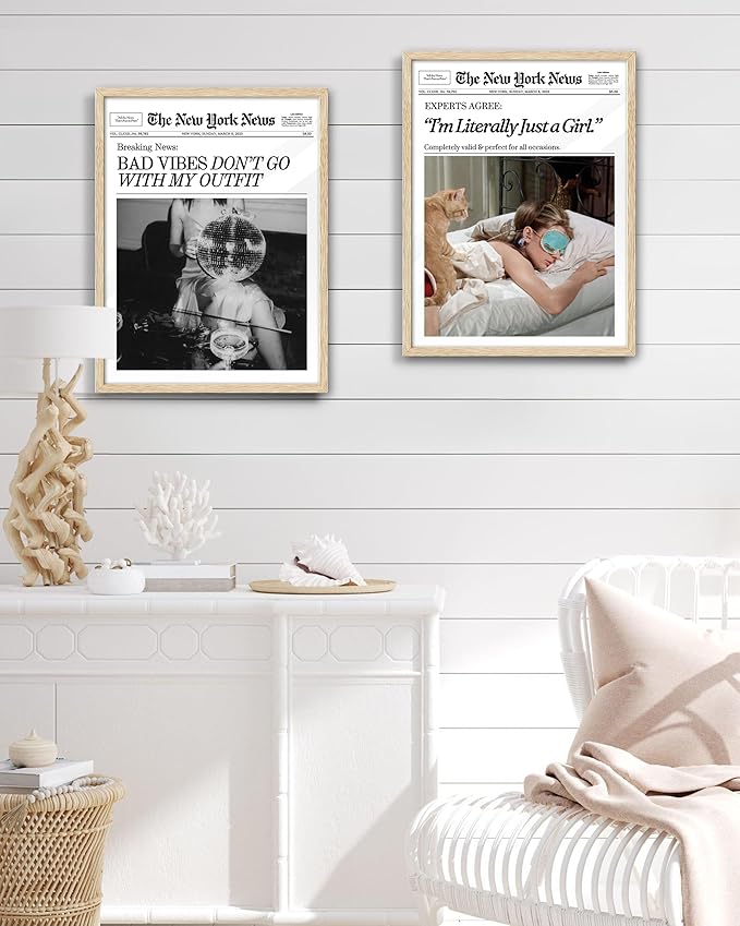 EcoHest Trendy Newspaper Magazine Framed Wall Art, 12x16 in OAK Wood Bad Vibes Don't Go With My Outfit Disco Bar Canvas Wall Art, Preppy Retro Home Decor For Bedroom Living Room 1Pack