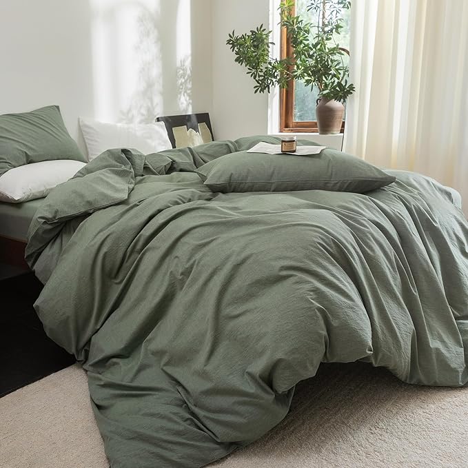 FOSSA Duvet Cover Set 100% Washed Cotton Linen Feel Super Soft Breathable Cozy Simple Style 3 Pieces Bedding Sets Solid Heathered Green Oversized King Plus