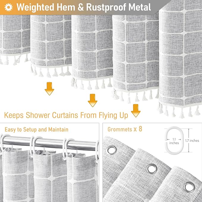 BTTN Boho Shower Stall Curtain - 48x72 Narrow Linen Ultra Thick Tassel Fabric Shower Curtain Set with 8 Plastic Hooks, Half Camper RV Modern Farmhouse Country Shower Curtains for Bathroom, Grey/Gray