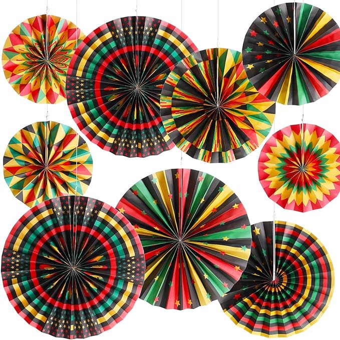Outus Black History Month Decorations Paper Fans Juneteenth Hanging Paper Fans Kente Ceiling Wall Garland for African American Party Bulletin Board Classroom Decor(18 Pcs,Classic)