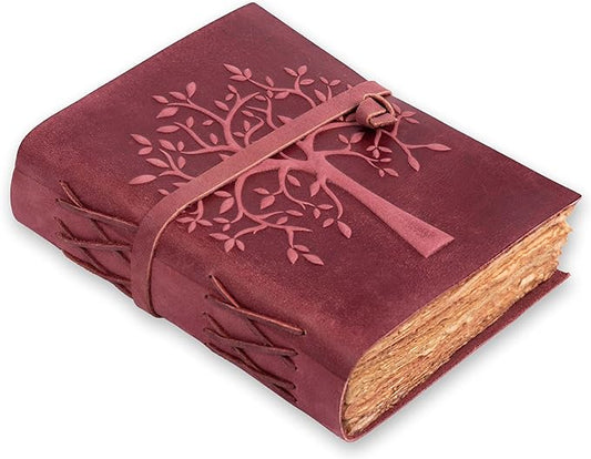 LEATHER VILLAGE Tree of Life Journal - 10 X 7 inches - Fuchsia - 200 Antique Deckle Edge Handmade Paper – Book of Shadows - Vintage Leather Bound Journal for Women & Men