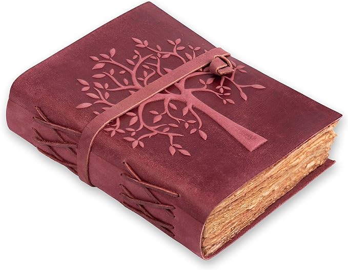 LEATHER VILLAGE Tree of Life Journal - 13 X 8 inches - Fuchsia - 200 Antique Deckle Edge Handmade Paper – Book of Shadows - Vintage Leather Bound Journal for Women & Men