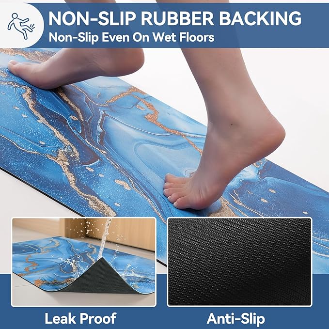 Non Slip Bath Mat Ultra Thin Bathroom Rug Fit Under Door, Rubber Backing Quick Dry Super Absorbent Washable Shower Bath Mats Blue 20x32