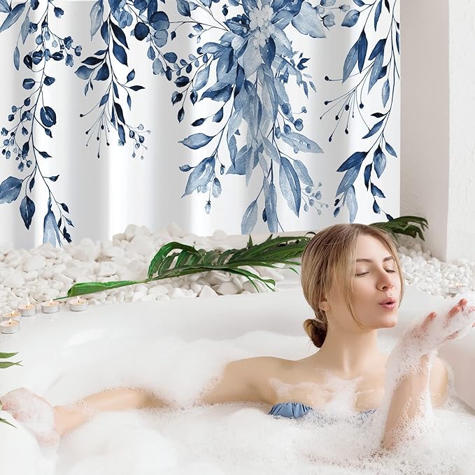 Gibelle Small Stall Shower Curtain 36 x 72, Narrow Navy Blue Floral Shower Curtain for Bathroom, Watercolor Plant Eucalyptus Leaves Fabric Shower Curtain Set with Hooks