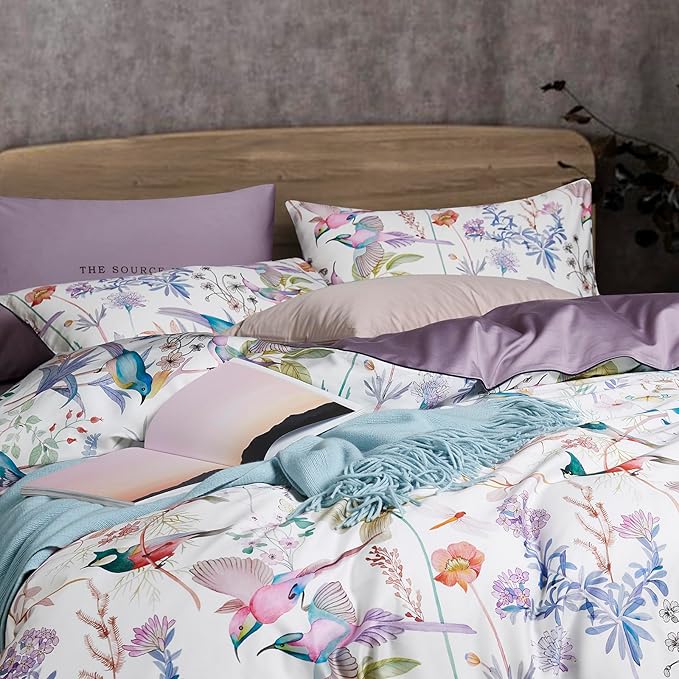 mixinni King Size Duvet Cover Purple Flowers Bird Bedding Sets Shabby Chic Boho Long-Staple Cotton Duvet Cover Set with Zipper Ties 1 Duvet Cover+2 Pillowcases, Ultra Soft, Breathable-King Size
