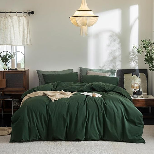 FOSSA Duvet Cover Set 100% Washed Cotton Linen Feel Super Soft Breathable Cozy 3 Pieces Bedding Sets Solid Forest Green King