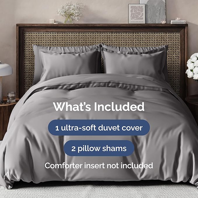 Duvet Cover Full Size Set - Extra Soft Full Size Duvet Cover 80 x 90 with 2 Pillow Shams - Hotel Luxury, Easy Care and Fade Free w/Zipper Closures & Ties - Comfy Breathable Bedding Set (Dark Grey)