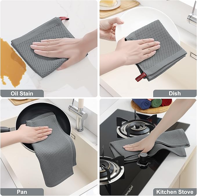 Homaxy 100% Cotton Kitchen Towels and Dishcloths Set, 12 x 12 Inches and 13 x 28 Inches, Set of 10 Bulk Kitchen Towels Set, Ultra Soft Absorbent Dish Cloths for Washing Dishes, Grey