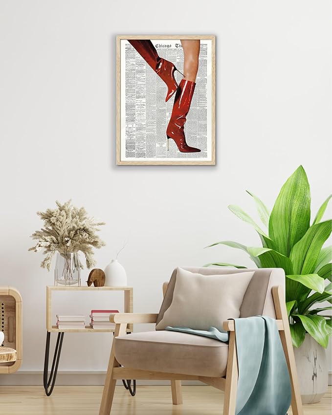 EcoHest Small Trendy Newspaper Red Boots Framed Wall Art, 8x10 in OAK Wood Fashion Icon Canvas Wall Art, Magazine Home Decor, Beige Logs Retro Set of 1 for Bedroom Living Room