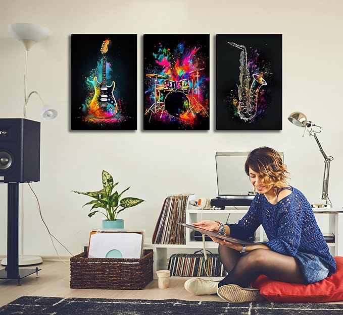3pcs Musical Instrument Graffiti Canvas Wall Art Pop Music Instrument Style Wall Decor Pictures Rock Electric Guitar Jazz Drum Posters Prints for Teenagers Living Room Bedroom Home Decoration Framed