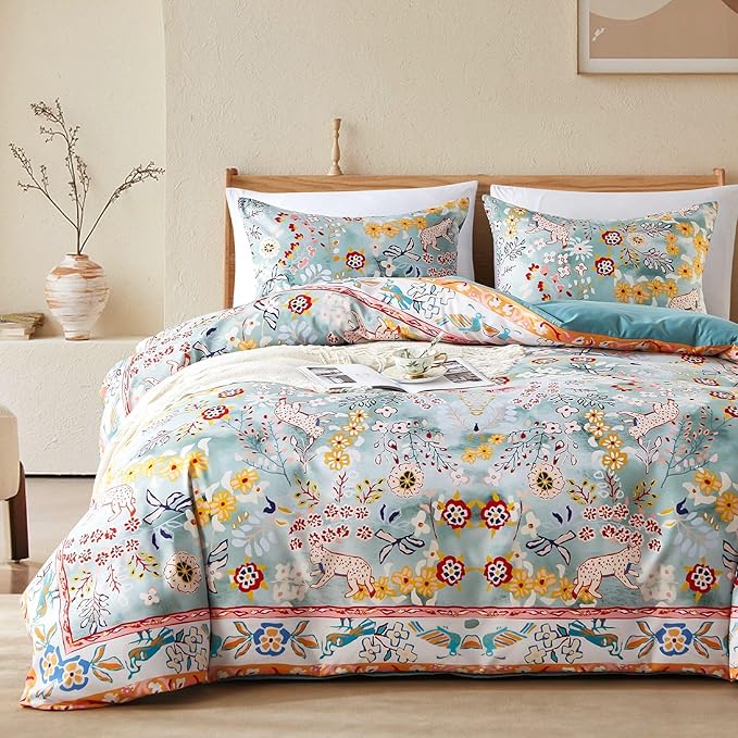 Cupocupa Bohemian King Duvet Cover Set, Vintage Floral Animal Print Bedding with Reversible Teal Lining, Zipper Closure & Corner Ties, Soft Breathable Light Blue Colorful Comforter Cover for Bedroom