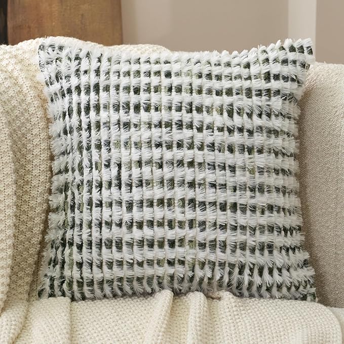 Aeckself Boho Chenille Tufted Pillow Cover 20 x 20 Inch, Decorative Square Throw Pillow Cover Neutral Pillowcase for Couch Bedroom Living Room, Green White