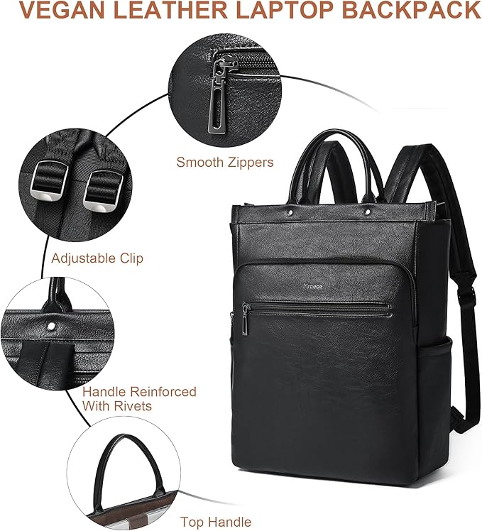 Leather Laptop Backpack for Women, Travel Backpack Purse Fits 15.6 Inch Laptop, Casual Daypack with Laptop Compartment for Teachers College Work Business Nurse Weekender, Black