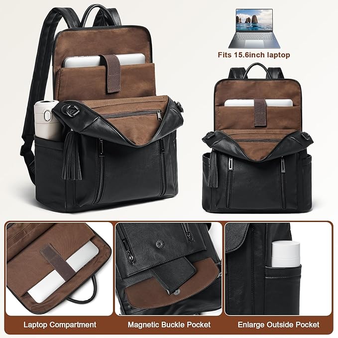 Shrrie Laptop Backpack for Women 15.6 inch,Travel Leather Backpack Purse Nurse Teacher Carry on Backpack Computer Bag,Professional Water-Resistant College Business Work Casual Daypack,Two-tone Black