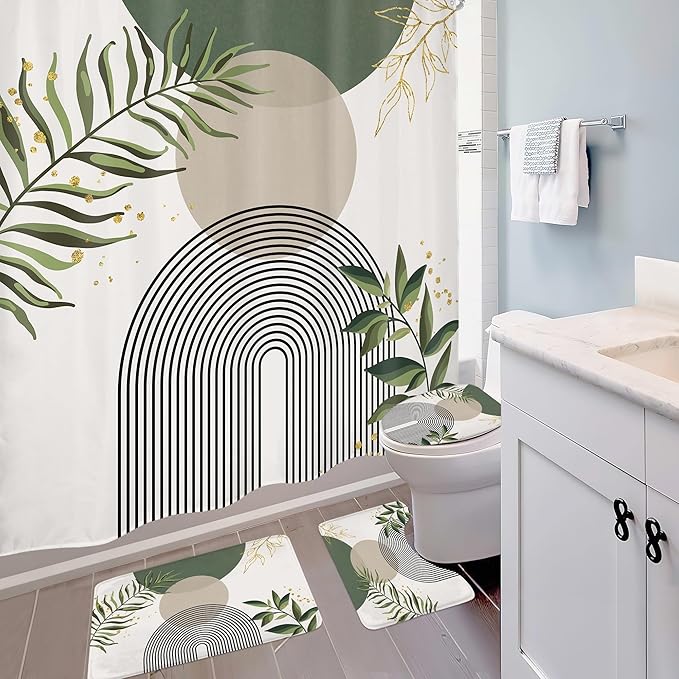 4 PCS Green Boho 72Wx72H Shower Curtain Set Abstract Gold Grey Modern Minimalist Bath Rug Toilet Lid Cover Nonslip U Shape Mat Quick Dry Rubber Backed Dirt Resistant Accessories Bathroom Decor