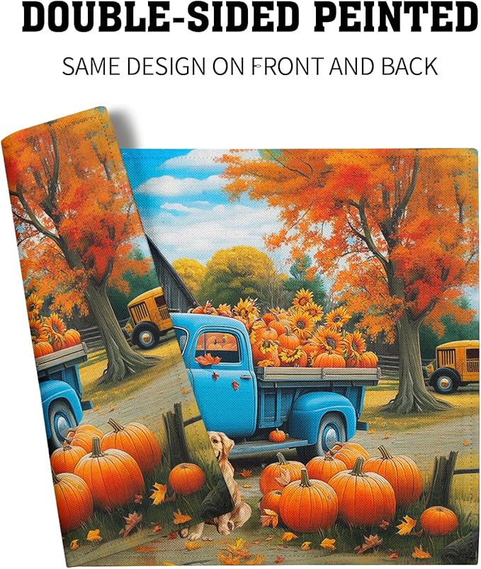 Giwawa Fall Truck Placemats Set of 4 Autumn Maple Tree Pumpkins Sunflowers Dog Decorative Linen Table Place Mat 12x18 Inch Non Slip Heat Resistance for Kitchen Dining Party Thanksgiving