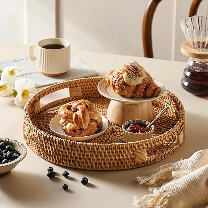 JUNGLE CULTURE Large Rattan Serving Tray 14" in Natural Honey • Round Table Basket • Wicker Ottoman Trays with Handles for Coffee Table, Bed Side or Couch • Flat Circle Woven Tray • Boho Farmhouse
