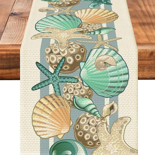 Sea Shell Table Runner Seasonal Spring Fall Kitchen Dining Linen Table Decoration for Indoor Outdoor Home Party Dinner 13x72 Inch