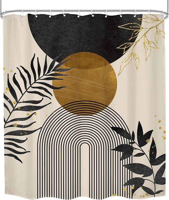 Black Boho Shower Curtain 60Wx72H Modern Bohemian Abstract Brown Tan Mid Century Gold Leaves Plant Botanical Arch Bathroom Decor Minimalist Geometric Bath Curtain Fabric Polyester 12 Pack Hooks