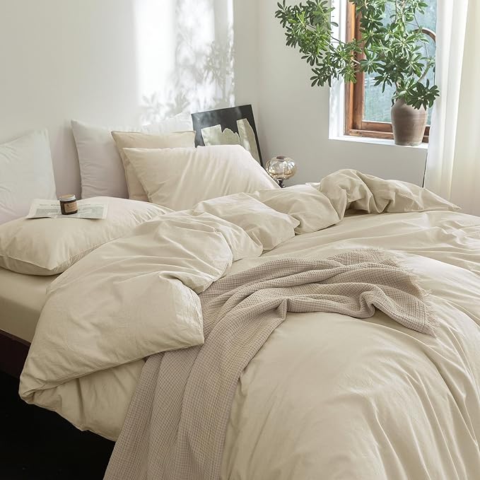 FOSSA Duvet Cover Set 100% Washed Cotton Linen Feel Super Soft Breathable Cozy 3 Pieces Bedding Sets Solid Almond Grey Full/Double