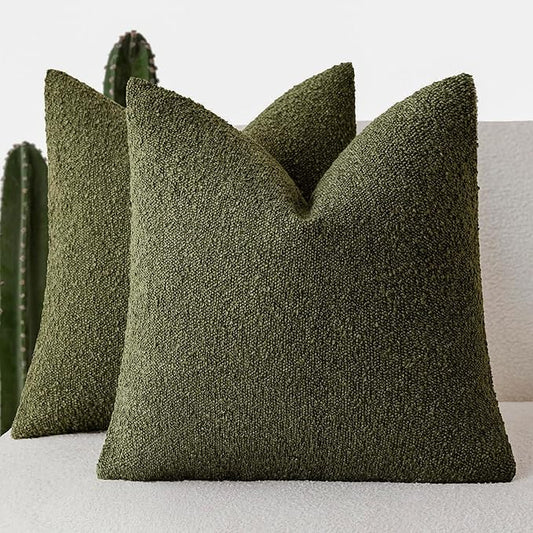 Foindtower Pack of 2 Textured Boucle Throw Pillow Covers Accent Solid Pillow Cases Cozy Soft Decorative Couch Cushion Case for Chair Sofa Bedroom Living Room Home Decor 18x18 Inch Moss Green