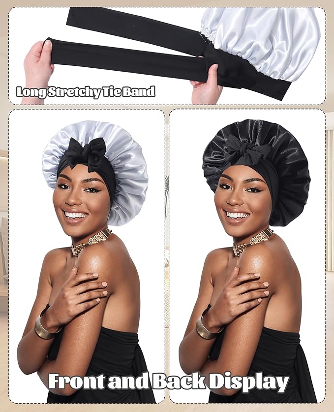 Satin Bonnet Silk Bonnet for Sleeping Silk Sleep Cap Double Layer Hair Bonnet with Elastic Tie Band for Curly Hair Night Cap(Black+Silver Gray)
