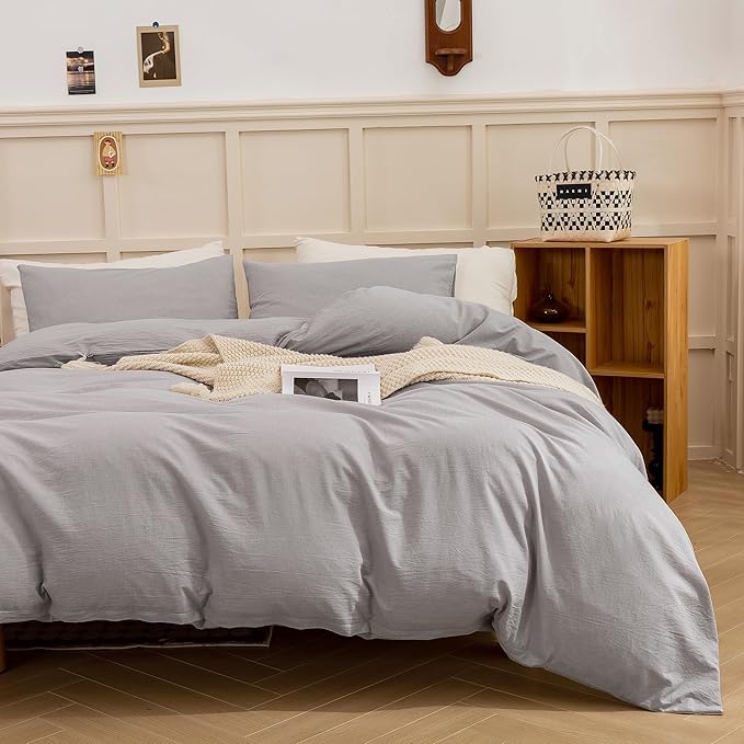 ECOCOTT Duvet Cover Set, 100% Washed Cotton Linen-Like Textured Soft & Breathable, Durable Comfy Bedding Set for All Seasons (Light Grey, King)