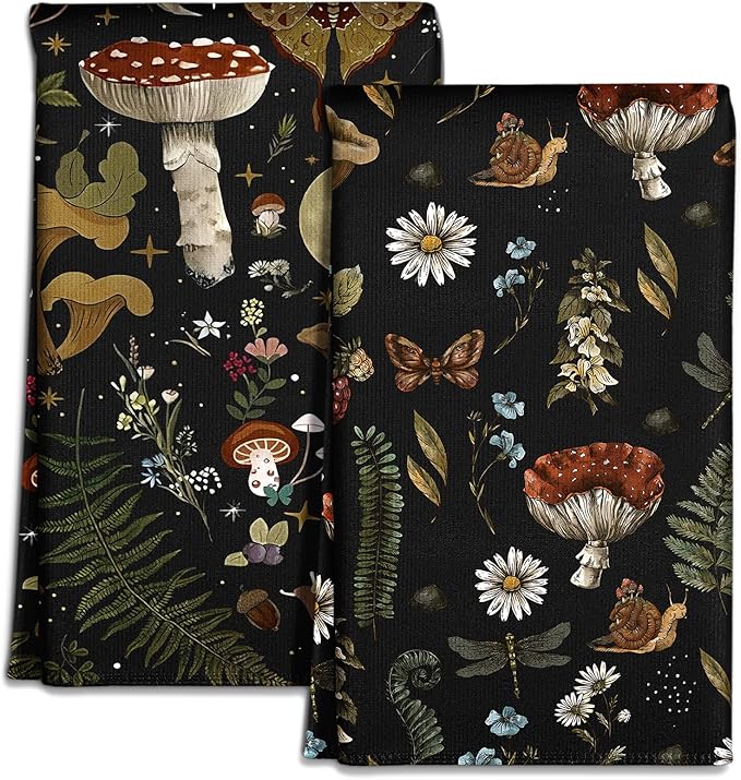 Microfiber Kitchen Towels - Set of 2 Dish Towels for Kitchen 18 x 26 Inch Home Decoration Black Mushroom Cute Spring Hand Towels Soft & Absorbent Aesthetic Design