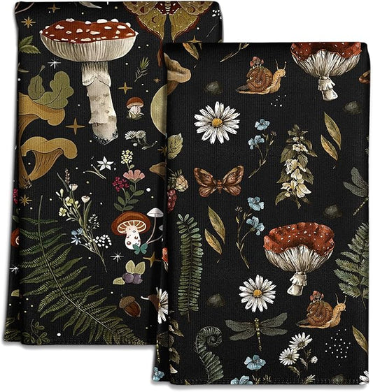 Microfiber Kitchen Towels - Set of 2 Dish Towels for Kitchen 18 x 26 Inch Home Decoration Black Mushroom Cute Spring Hand Towels Soft & Absorbent Aesthetic Design