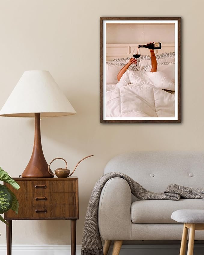 EcoHest Woman Drinking Wine in Bed Framed Wall Art Walnut Color, 12x16 in OAK Wood Feminist Alcohol Canvas Art, Trendy Teen Girl Bar Cart Print College Room Decor Set of 1 For Bedroom Living Room