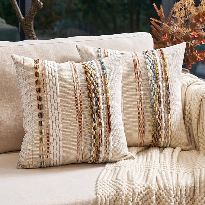 Aeckself Boho Throw Pillow Covers 18x18 Inch Set of 2, Farmhouse Decorative Striped Square Pillow Covers Chenille Tufted Pillow Cases Accent Neutral Pillowcase for Living Room Couch Bed, Orange White