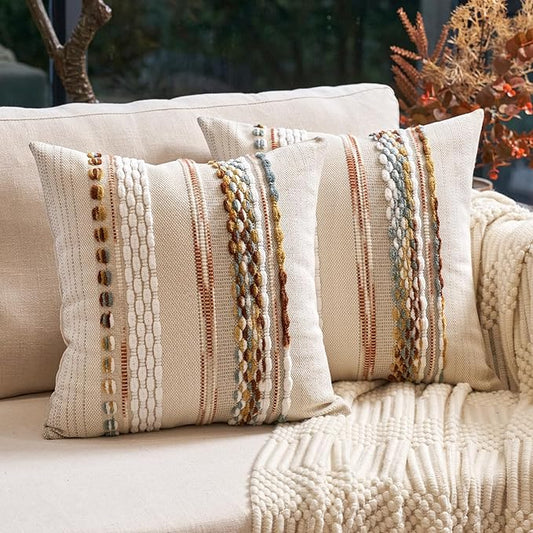 Aeckself Boho Throw Pillow Covers 18x18 Inch Set of 2, Farmhouse Decorative Striped Square Pillow Covers Chenille Tufted Pillow Cases Accent Neutral Pillowcase for Living Room Couch Bed, Orange White