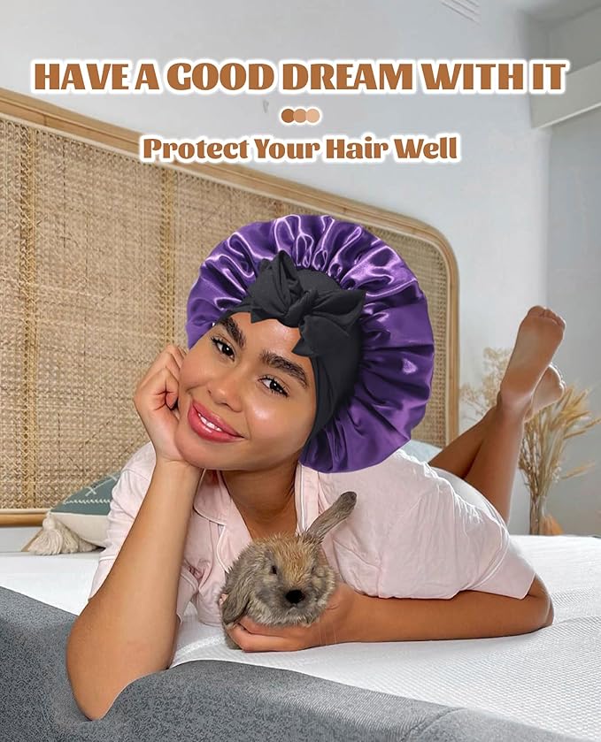 Satin Bonnet Silk Bonnet for Sleeping Silk Sleep Cap Double Layer Hair Bonnet with Elastic Tie Band for Curly Hair Night Cap(Black+Dark Purple)