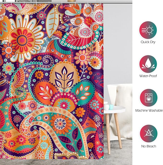 Aimego Stall Small Shower Curtain - Boho Paisley Floral Mandala Indian Bohemian Colorful Flowers Narrow Half Fabric Cloth Shower Curtain Set with 12 Hooks Bathroom Decor Bath Curtain, 36"x72"