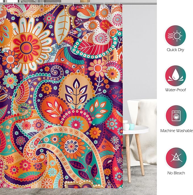 Aimego Stall Small Shower Curtain - Boho Paisley Floral Mandala Indian Bohemian Colorful Flowers Narrow Half Fabric Cloth Shower Curtain Set with 12 Hooks Bathroom Decor Bath Curtain, 36"x72"