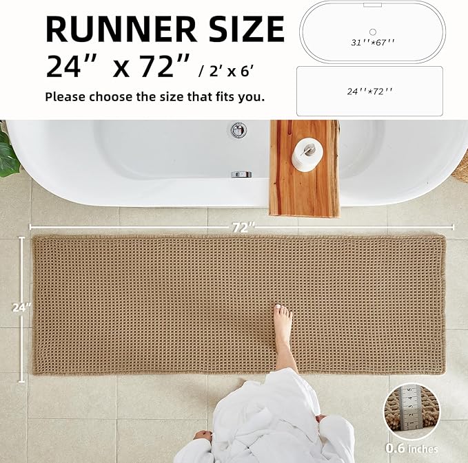 Waffle Runner Rug Bathroom, Long Boho Bathroom Rugs Non Slip Washable Super Absorbent Quick Dry Farmhouse Bath Mat, 72"x24" Khaki