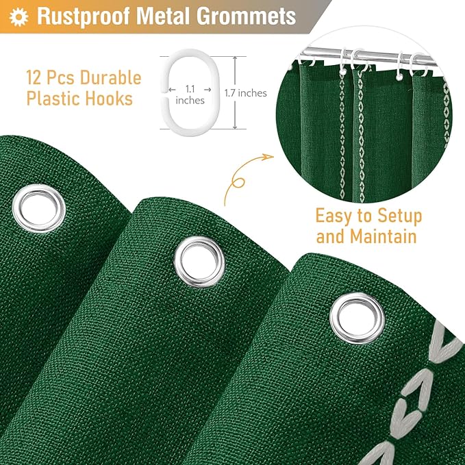 BTTN Boho Farmhouse Shower Curtains, Linen Rustic Weighted Striped Fabric Shower Curtain with Tassel, Water Repellent, Bohemian Vintage Country Cloth Shower Curtain for Bathroom, Emerald Green, 72x72