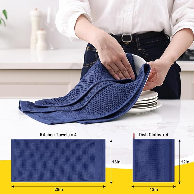 Homaxy Kitchen Towels and Dishcloths Set, 12 x 12 and 13 x 28 Inches, Set of 8 100% Cotton Waffle Weave Kitchen Towels, Super Soft and Absorbent Dish Cloths, Navy Blue