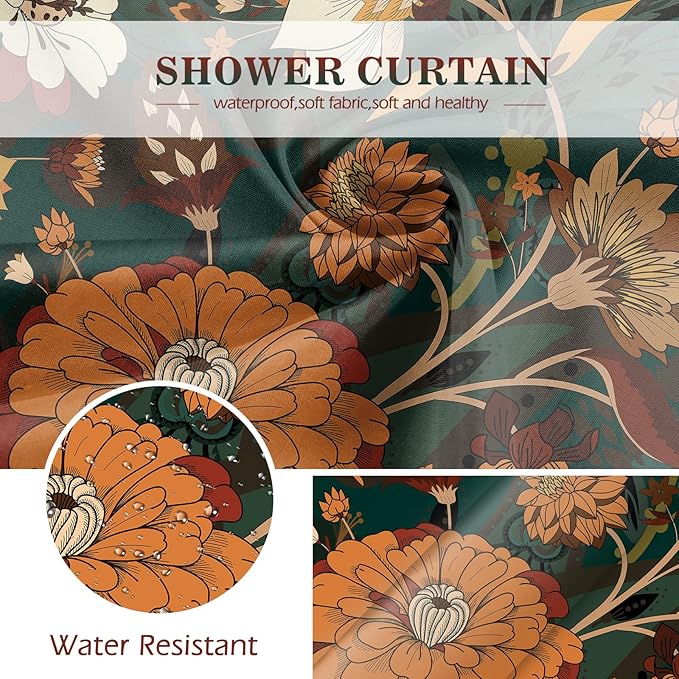 Aimego Boho Floral Shower Curtain - Dark Green Bohemian Chic Flowers Botanical Leaves Fabric Cloth Bath Shower Curtain Set with 12 Hooks for Adults Bathroom Decor Accessories, 72"x72"