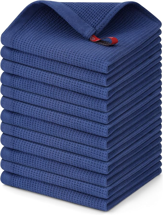 Homaxy 100% Cotton Waffle Weave Dish Cloths - 12 Pack Soft and Absorbent Dish Towels - 12 x 12 Inches Quick Dry Dish Rags - Navy Blue