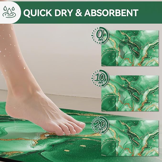 Non Slip Bath Mat Ultra Thin Bathroom Rug Fit Under Door, Rubber Backing Quick Dry Super Absorbent Washable Shower Bath Mats Green 24x36